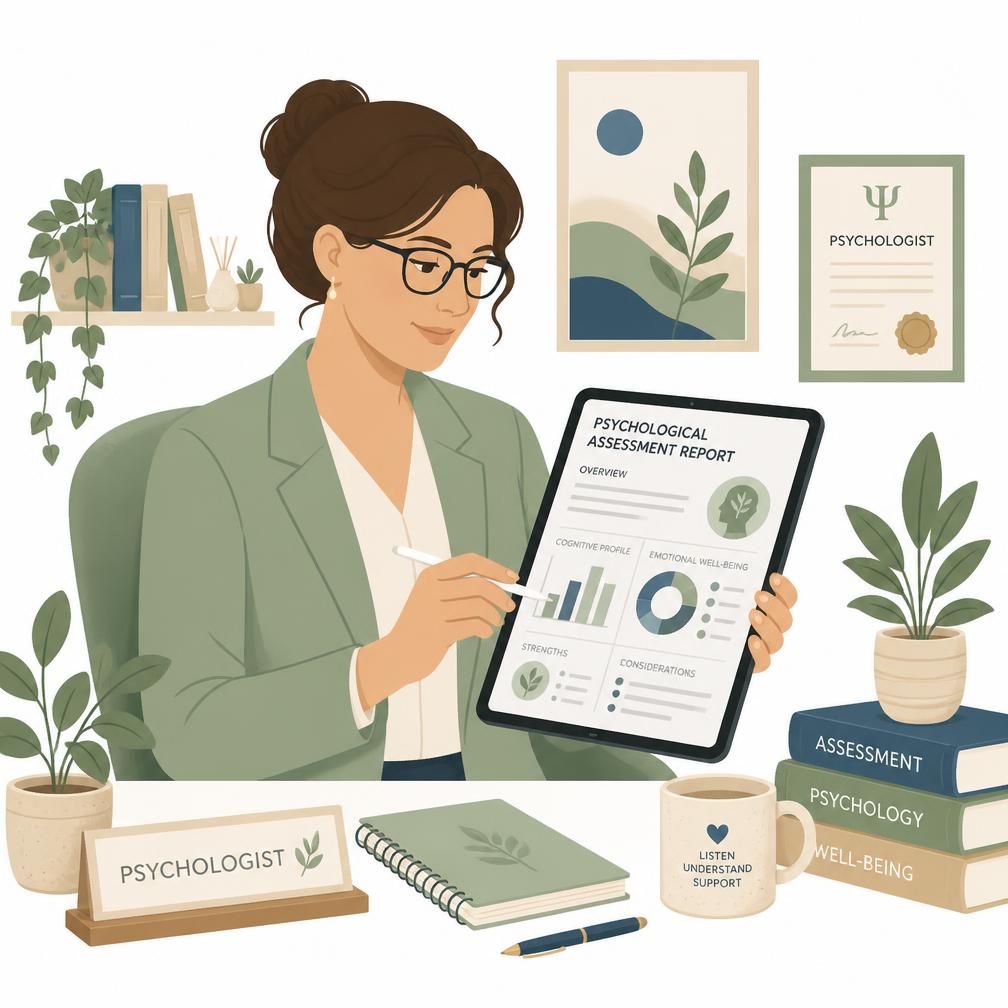 Psicóloga analisando um relatório de avaliação psicológica